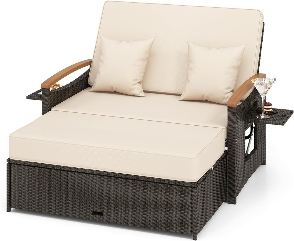 LDAILY Moccha Outdoor Wicker Daybed, Patio Rattan Loveseat Sofa w/ 4-Level Ad...