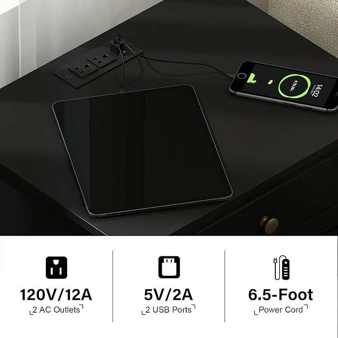 Treocho Black End Table Set of 2,Nightstand with Charging Station, X-Design S...