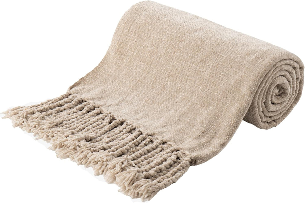 Battilo Beige Chenille Throw Blanket for Couch 50"x60"