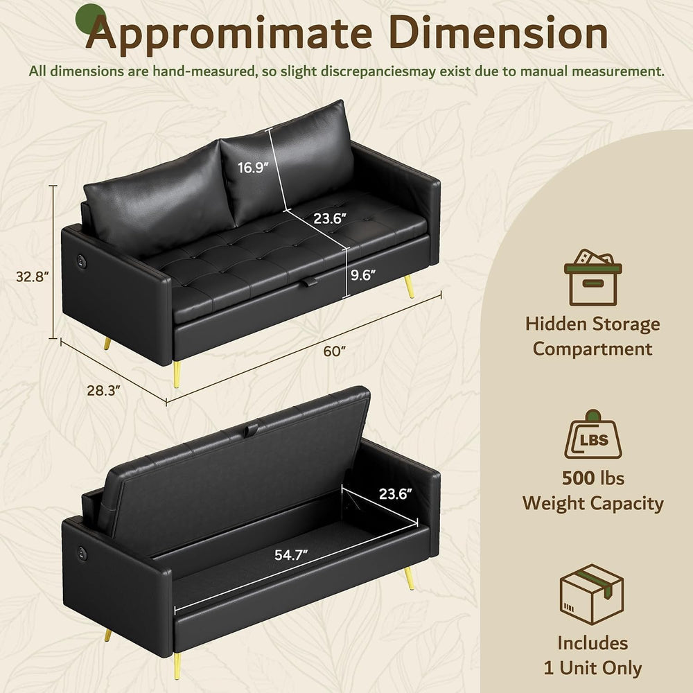 Mid Century Modern 60 In Black Loveseat Storage Sofa 2 Seat With USB Ports