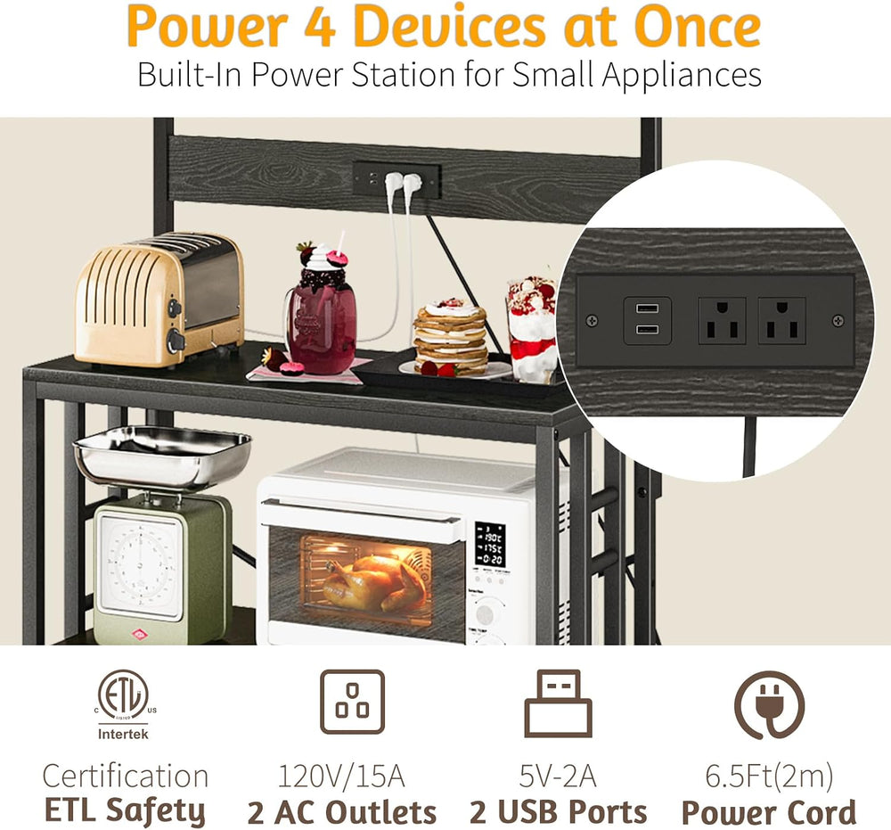 Baker's Rack with Power Outlet, 5-Tier Microwave Stand with Storage, Blac...