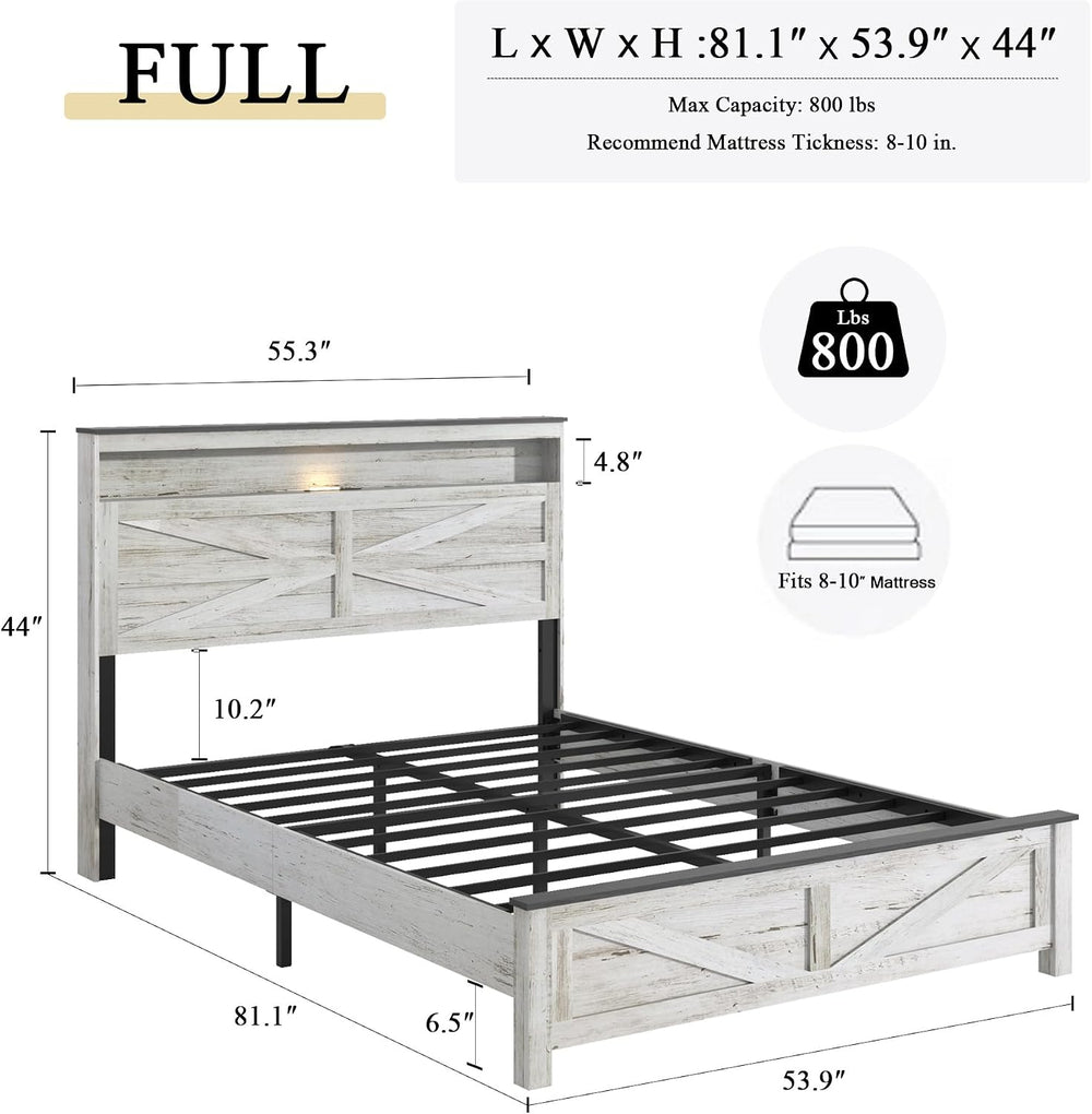 Full Size Farmhouse Wooden Bed Frame with Storage Headboard