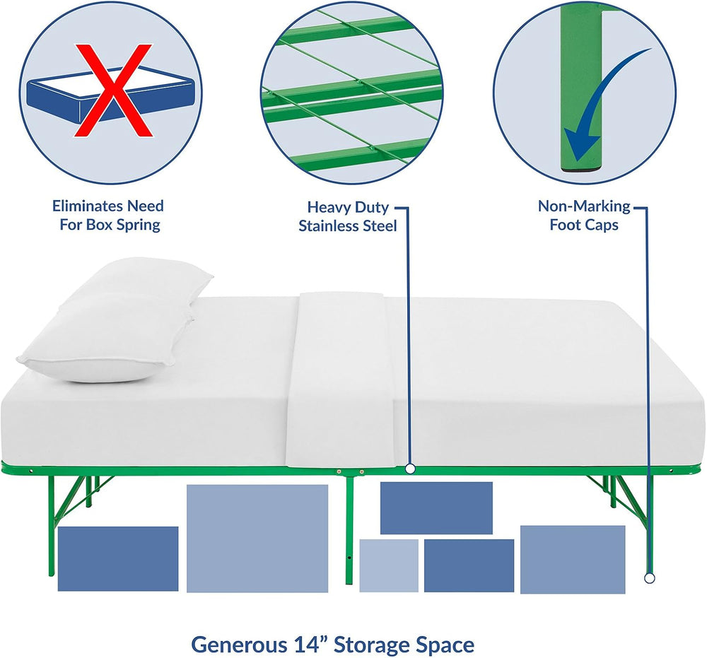 Modway Horizon Queen Bed Frame In Green - Replaces Box Spring - Folding Metal...