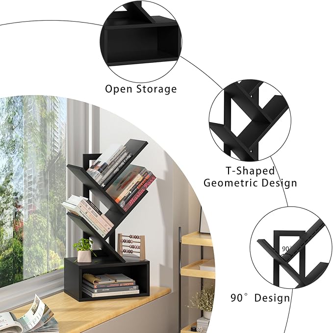 Small Tree Book Shelf,5 Tier Black Tree Bookshelf,Black Desktop Bookcase,Mode...