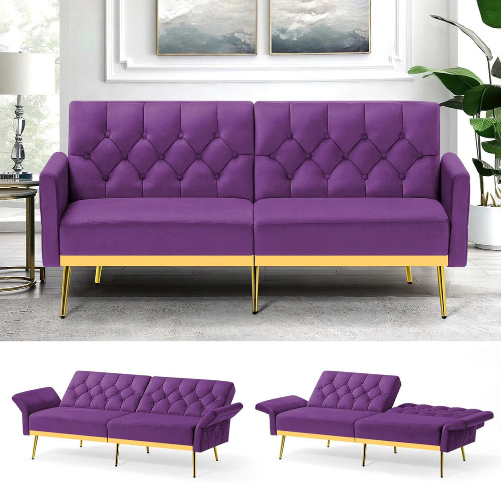 Velvet Sofa Bed w/Adjustable Armrests & Backrests, Purpel