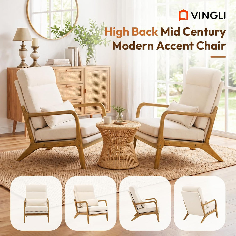 Bonnlo High Back Beige Accent Chairs Set of 2, Upholstered Mid Century Modern...