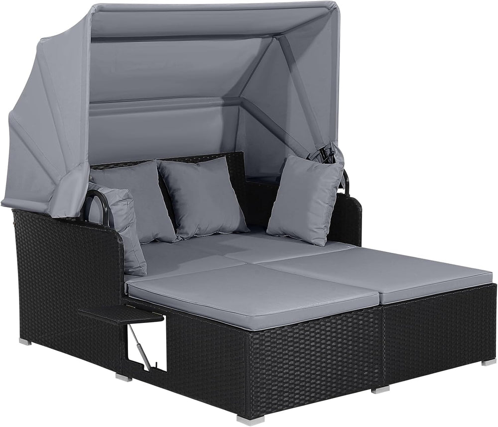 HAPPYGRILL Outdoor Wicker Lounge Daybed, Hand-Woven PE RattanDaybed, Patio Lo...