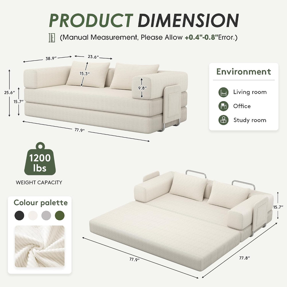 78" 5-in-1 Convertible Futon Sofa Bed, Boneless Couch for Living Room