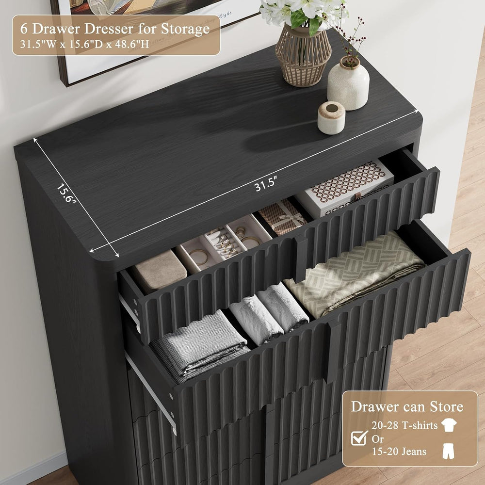Fluted Dresser for Bedroom, 48" Tall 6 Drawer Dresser, Modern Chest of D...