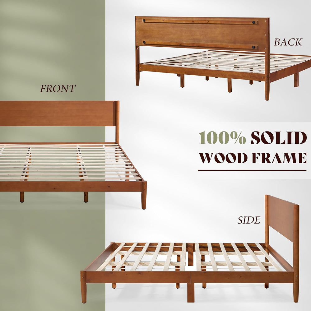 AMERLIFE Solid Wood Full Bed Frame, Mid Century Bed with Headboard, Brown