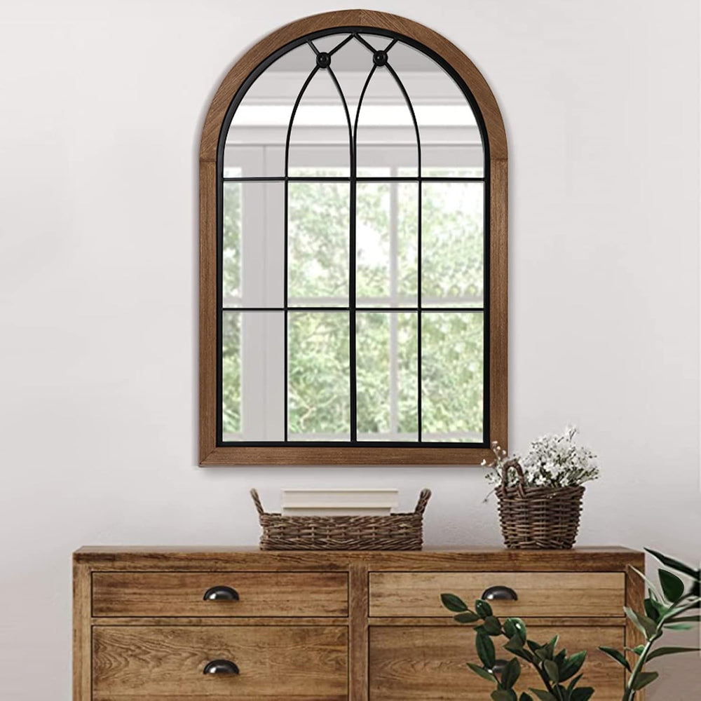 blue page Arched Window Pane Mirror 36x24 Inch Wood Frame, Window Brown