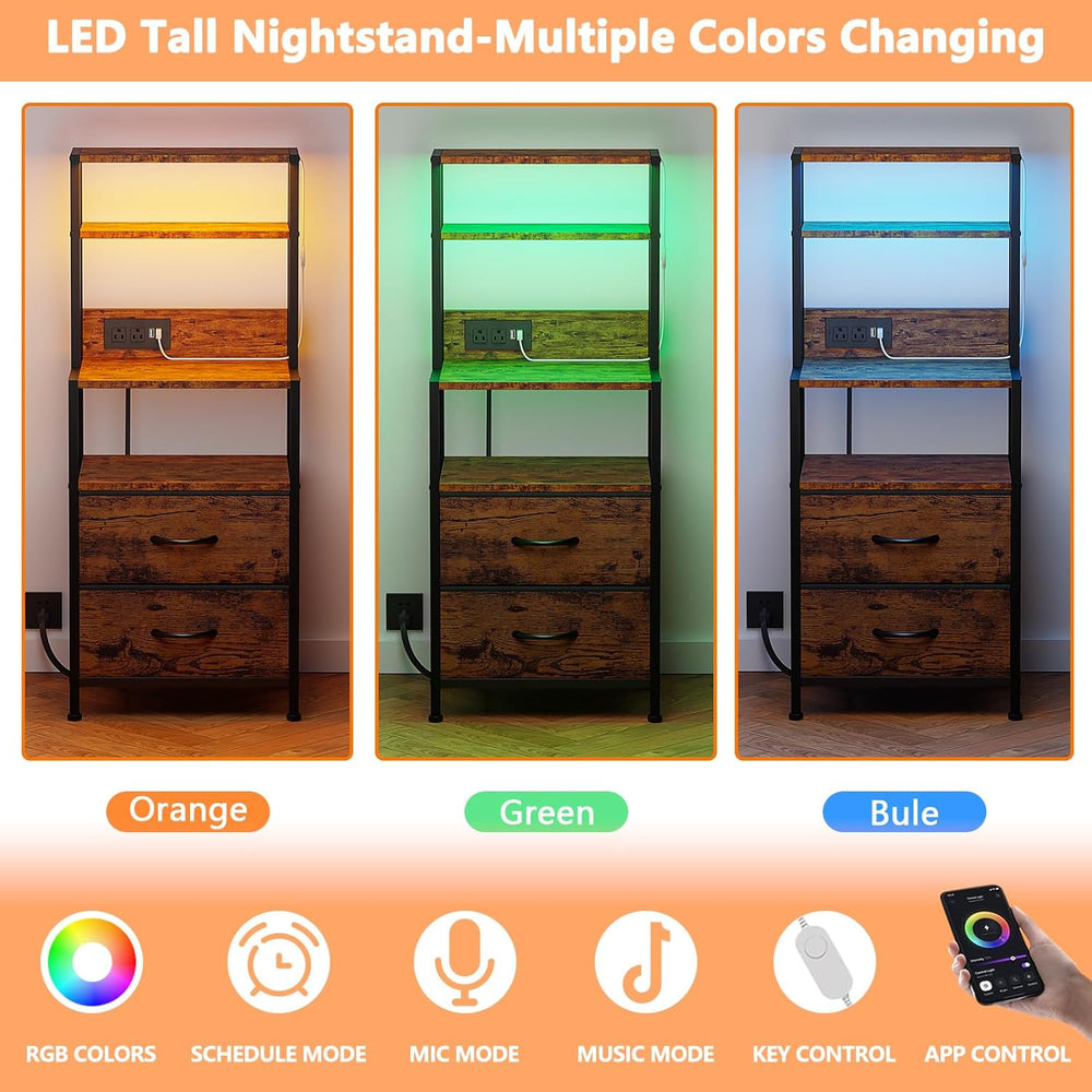 Furnulem Night Stand, Tall Nightstand with 4-Tier Shelves, 2 Fabric Drawers |...