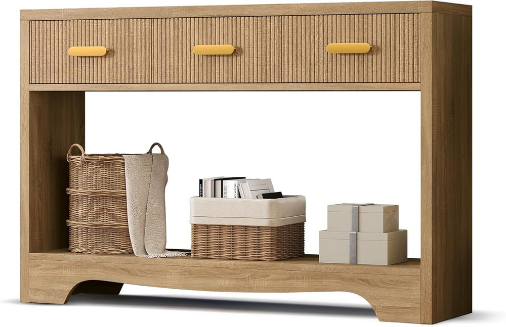 Fluted Console Table with Drawers, 47" Narrow Entryway Table with 3 Draw...