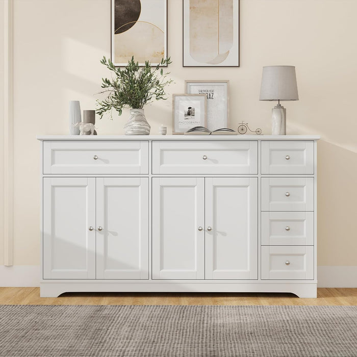 GIANTEX Large Buffet Cabinet with Storage, 59” Kitchen Cabinet with 4 Doors, 6 Drawers & 2 Adjustable Shelves, Modern Sideboard for Living Room, Coffee Bar, White