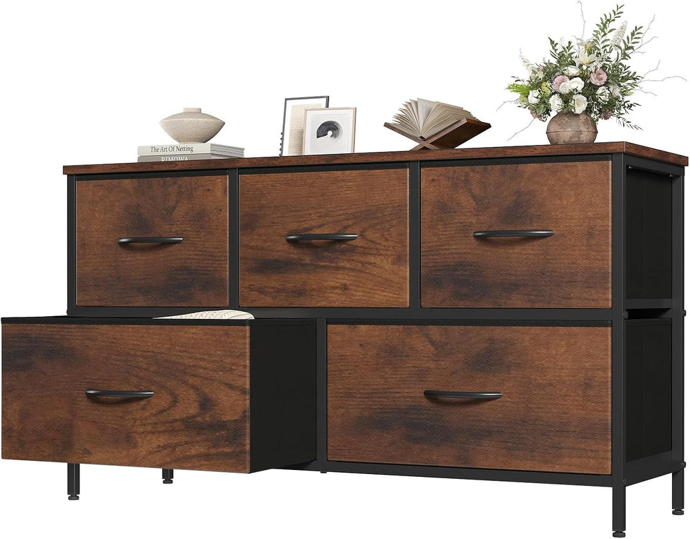 OLIXIS 5 Drawer Dresser for Bedroom, Wide Fabric Storage Tower, Brown