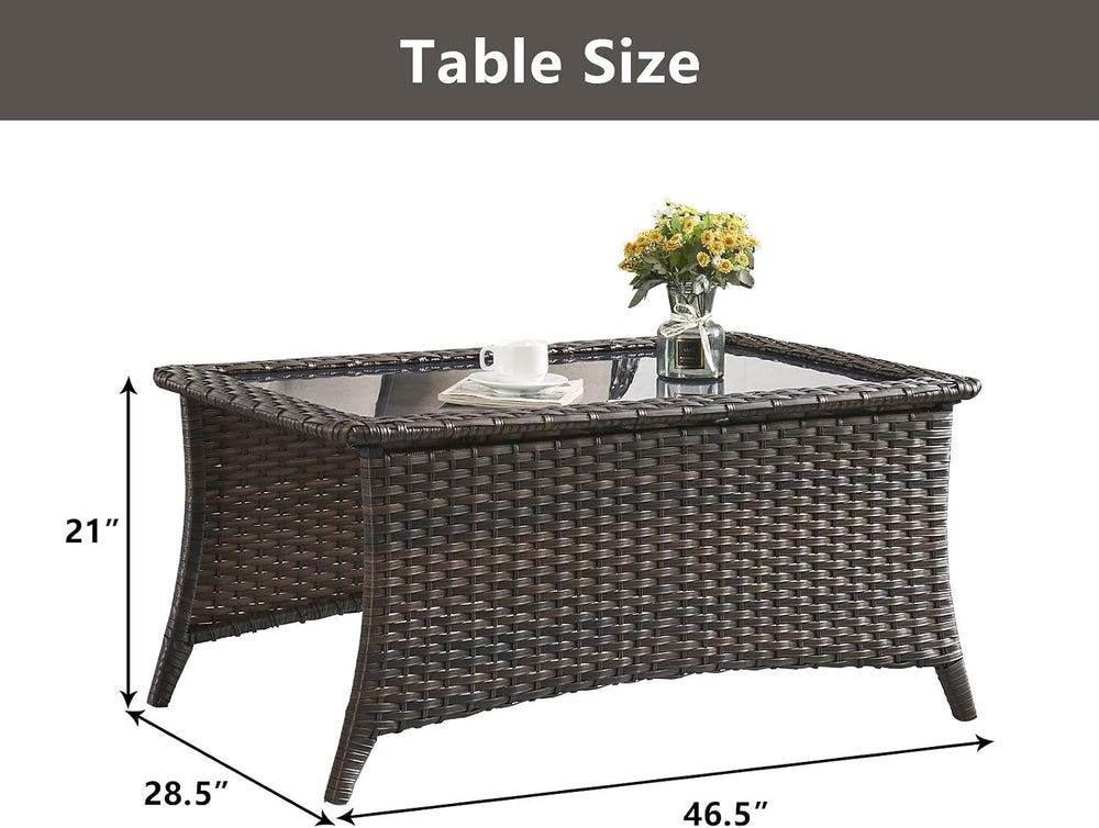 Belord Outdoor Coffee Table with Tempered Glass Top, Patio Rectangular Brown ...