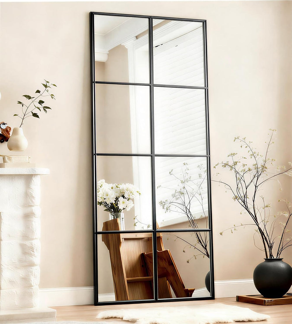 Full Length Mirror, 56"x22" Standing Windowpane Wall Mirror (Black)