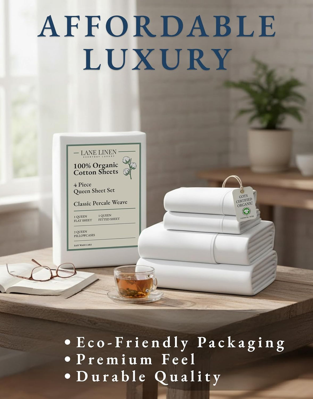 LANE LINEN Queen Sheets 100% Organic Cotton GOTS Certified Percale Weave Deep...