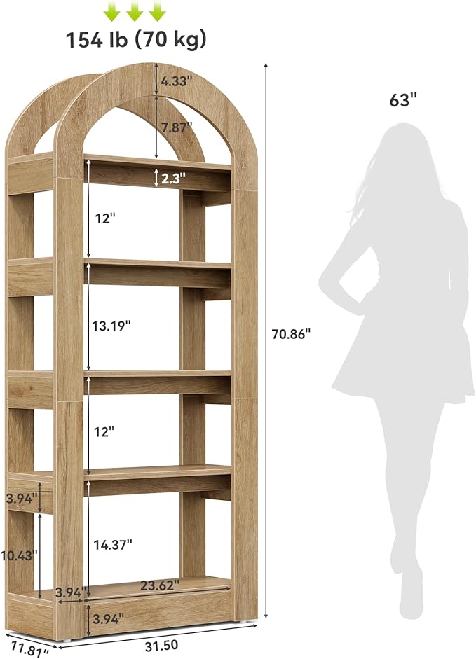 LITTLE TREE 5-Tier Bookshelf, Arch-Shaped Racks, Tall Standing Wooden Bookcas...