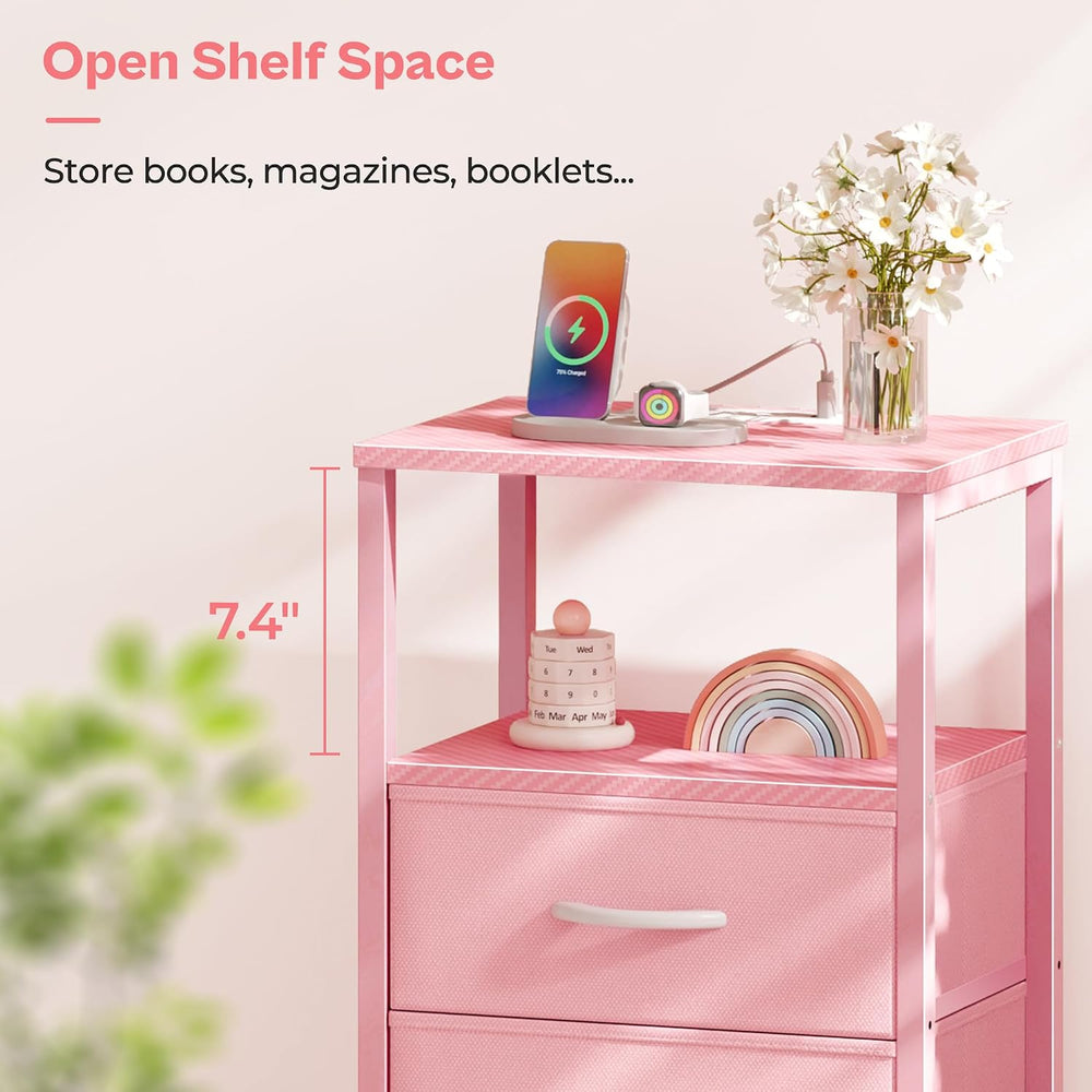 Huuger Nightstand with Charging Station, Side Table with Fabric Drawers, End ...