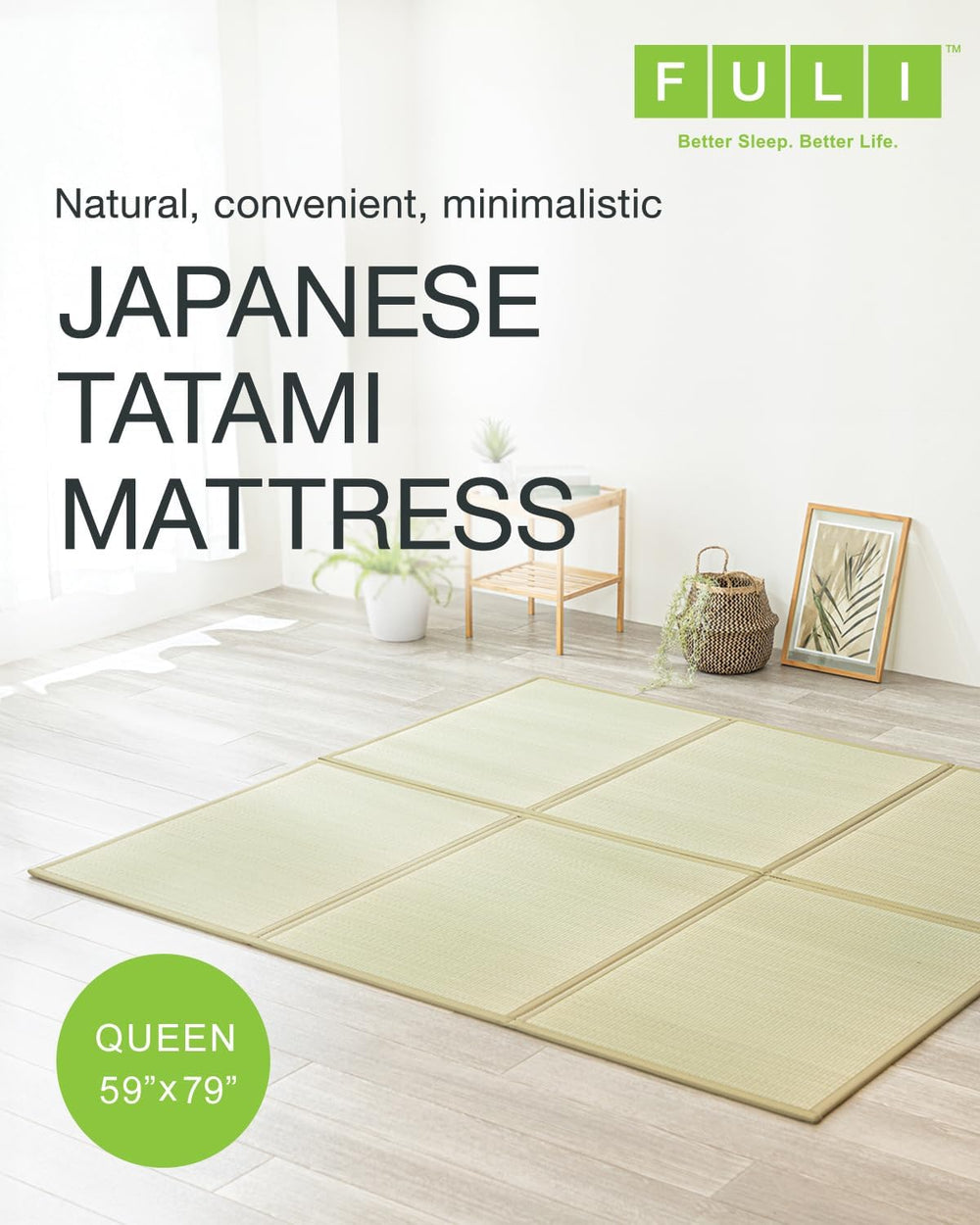 FULI Japanese Tatami Mattress, Foldable Igusa Rush Grass, Natural, Queen