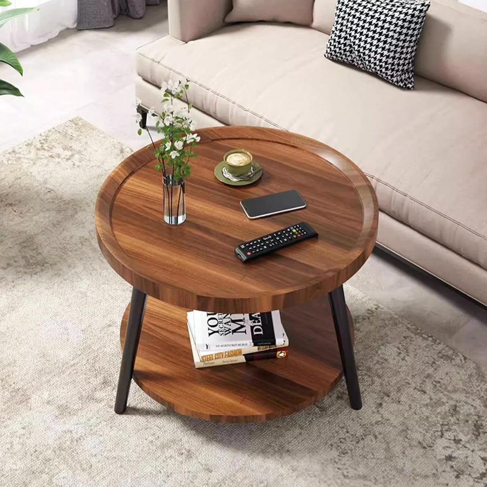 16in Small Round Coffee Table with 2-Tier Storage for Living Room