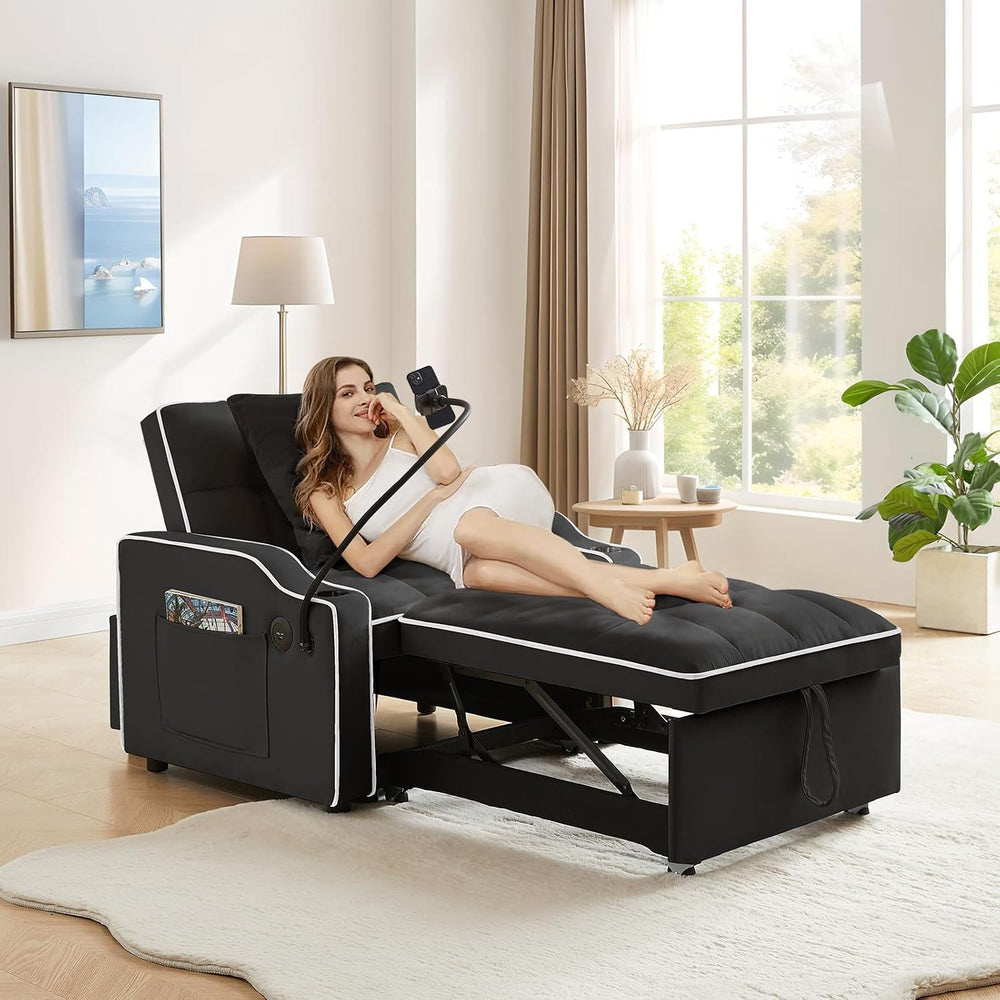 JEEOHEY Convertible Single Sleeper Velvet Futon Sleeper Sofa Bed with Phone H...