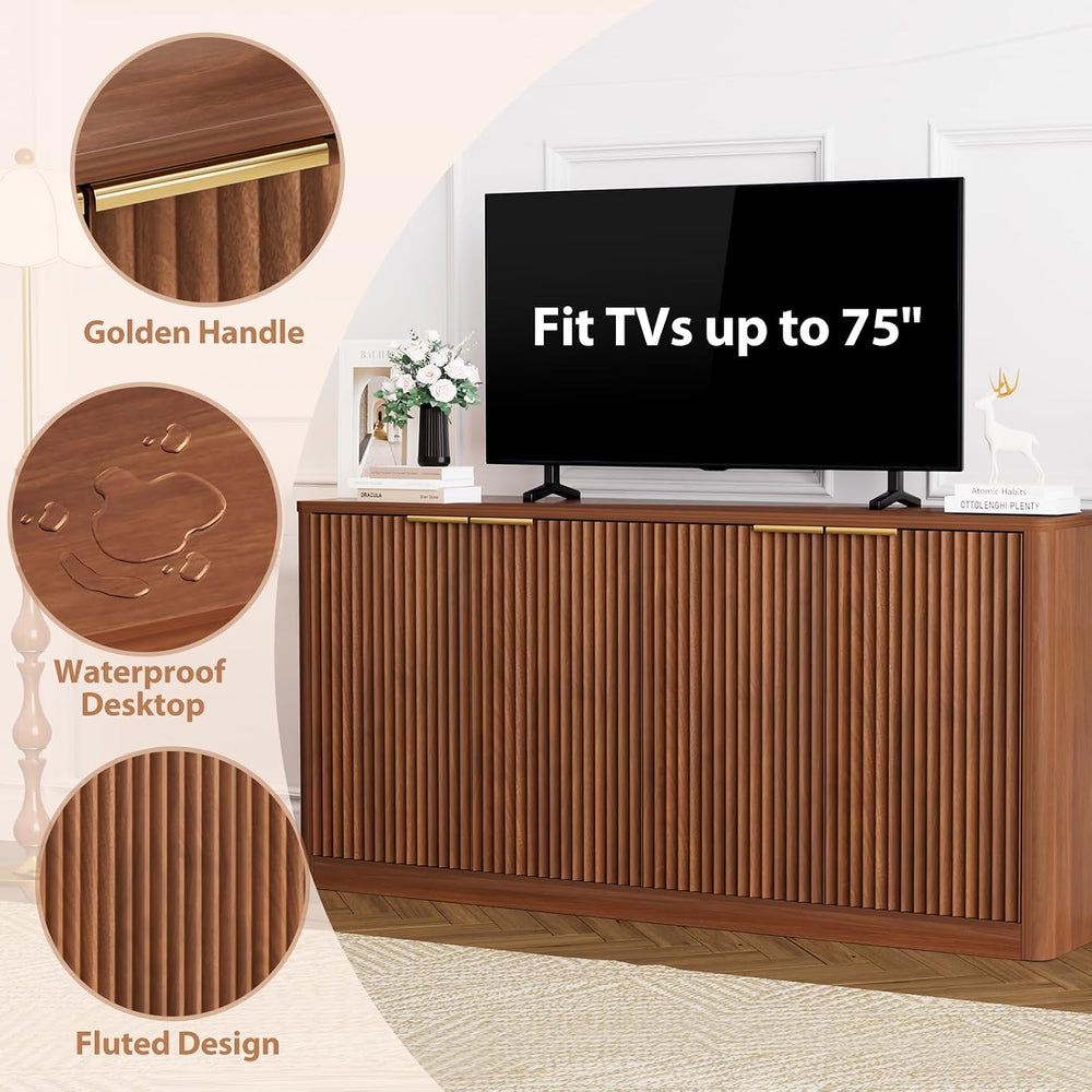 59" Fluted Buffet Sideboard Cabinet with Storage, Wooden 4-Door Sideboar...