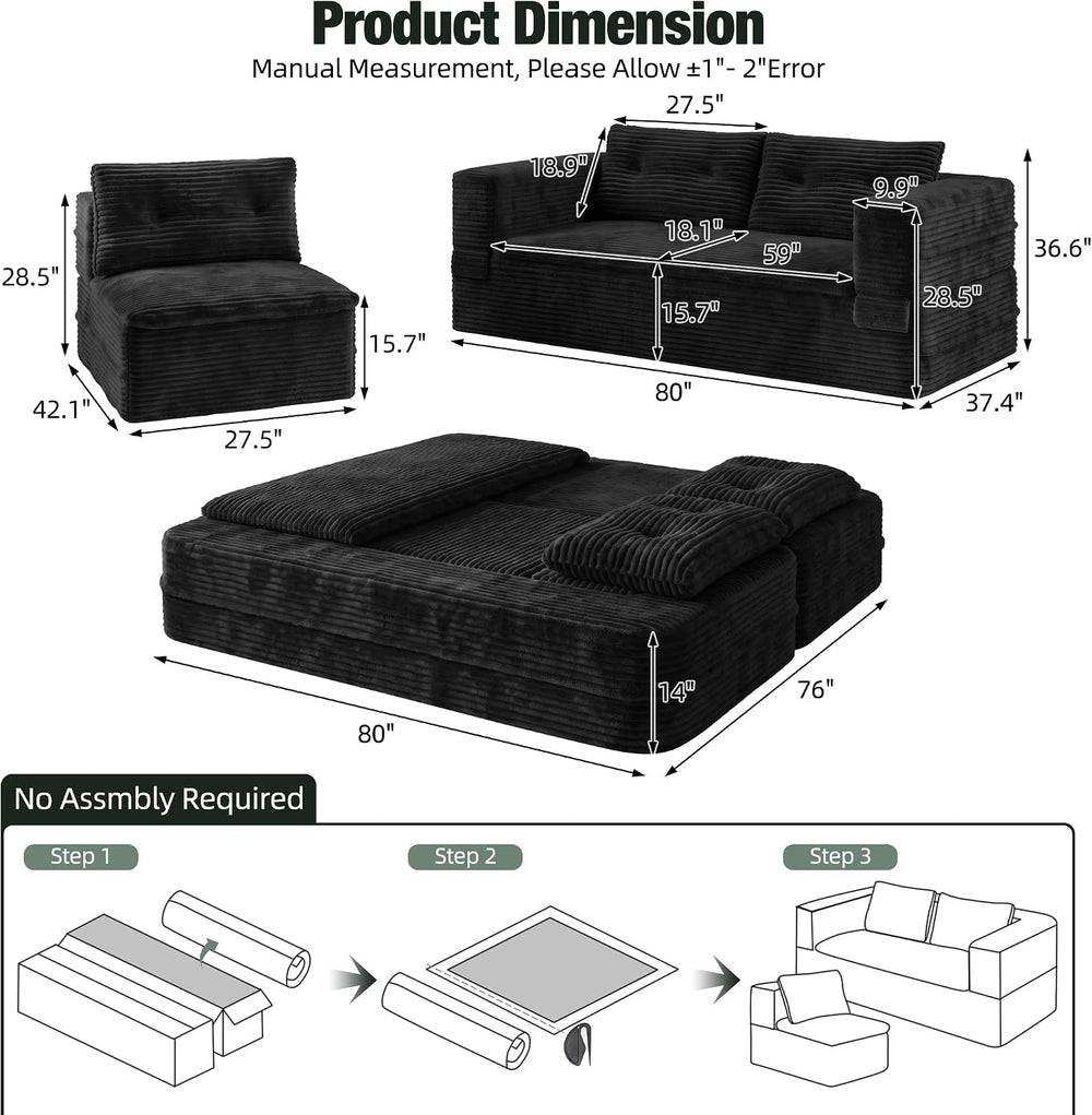80'' Futon Sofa Bed King Size, Corduroy Boneless Couch Chaise, Black