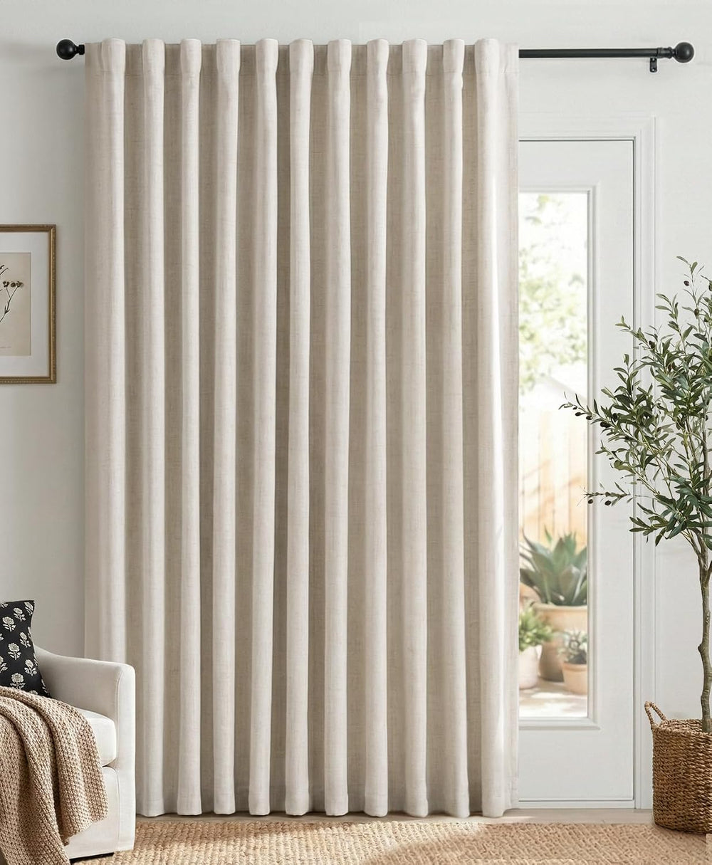 Linen Textured Total Blackout Sliding Door Curtains 84 Inches Long, Cream