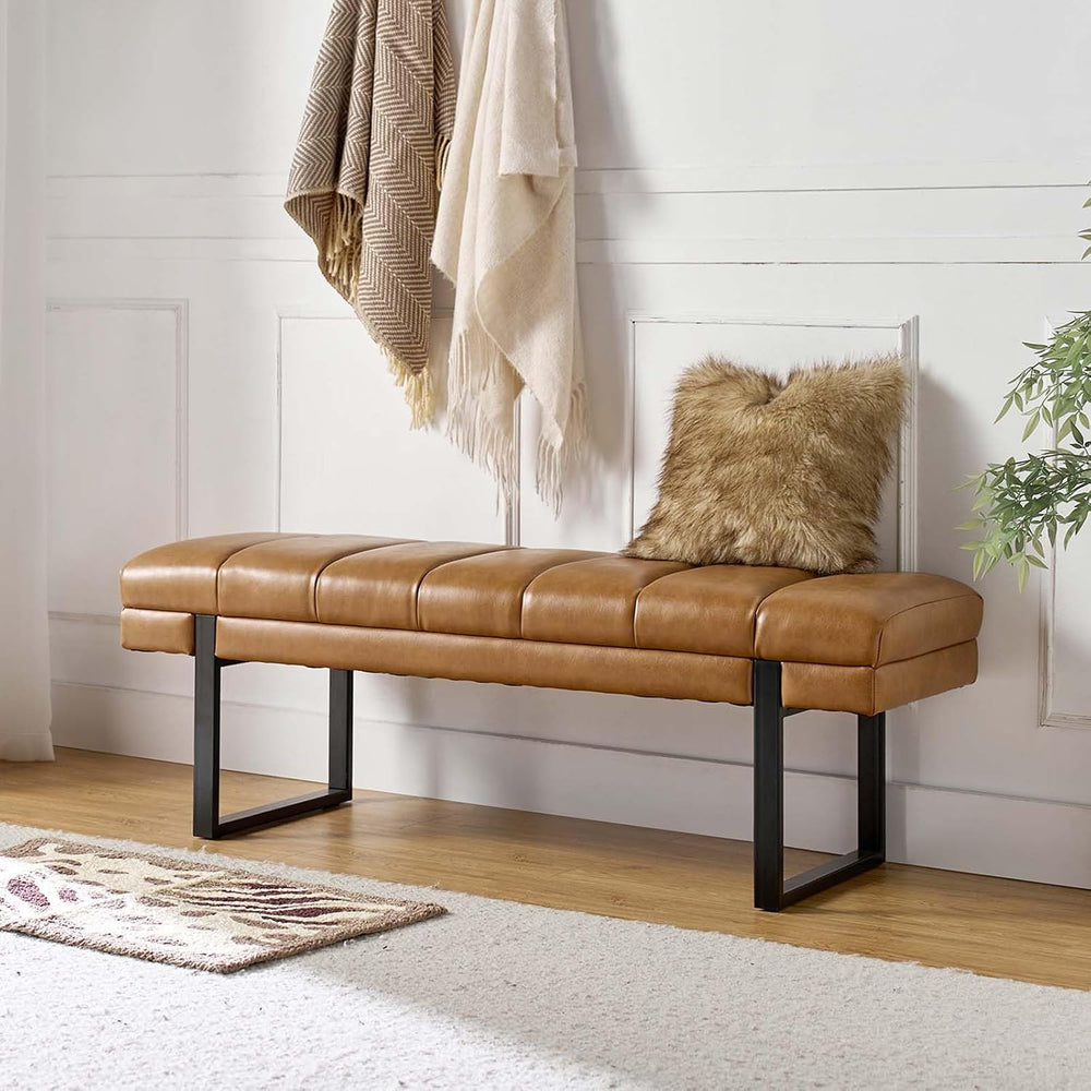 HULALA HOME 53" Faux Leather Tufted Entryway Bench, Camel