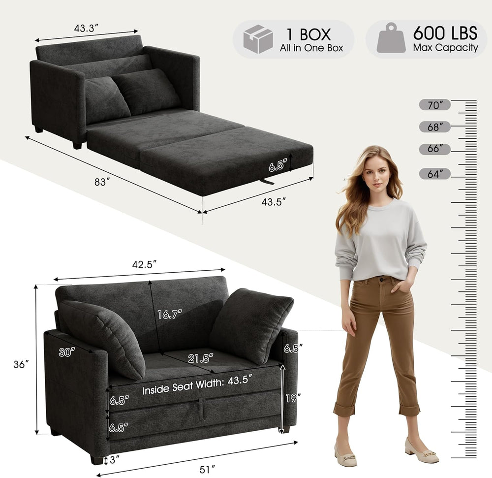 51" Loveseat Sleeper Sofa Bed, Chenille Convertible Floor Sofa Bed for S...