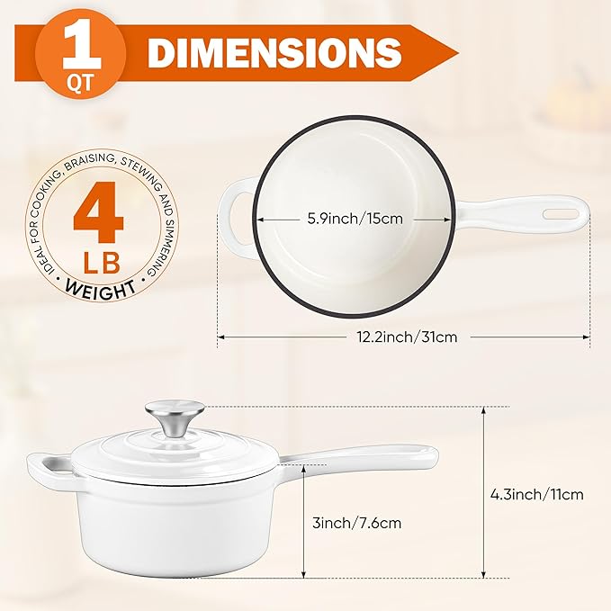 Homikit Small Cast Iron Pot, 1 Quart Enameled Cast Iron Sauce Pan