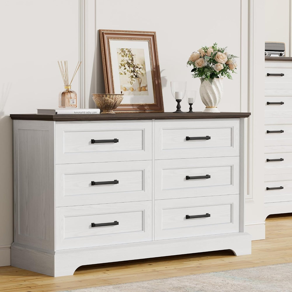 Furmax Farmhouse Dresser for Bedroom, 6 Drawers Dresser, White & Brown