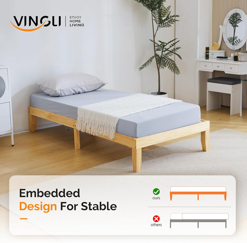 VINGLI 12 in Classic Solid Wood Twin Platform Bed Frame with Storage Space Un...