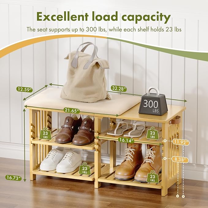 Amazer Bamboo Shoe Rack Bench, 3-Tier Shoe Bench Height Adjustable, Entry Ben...