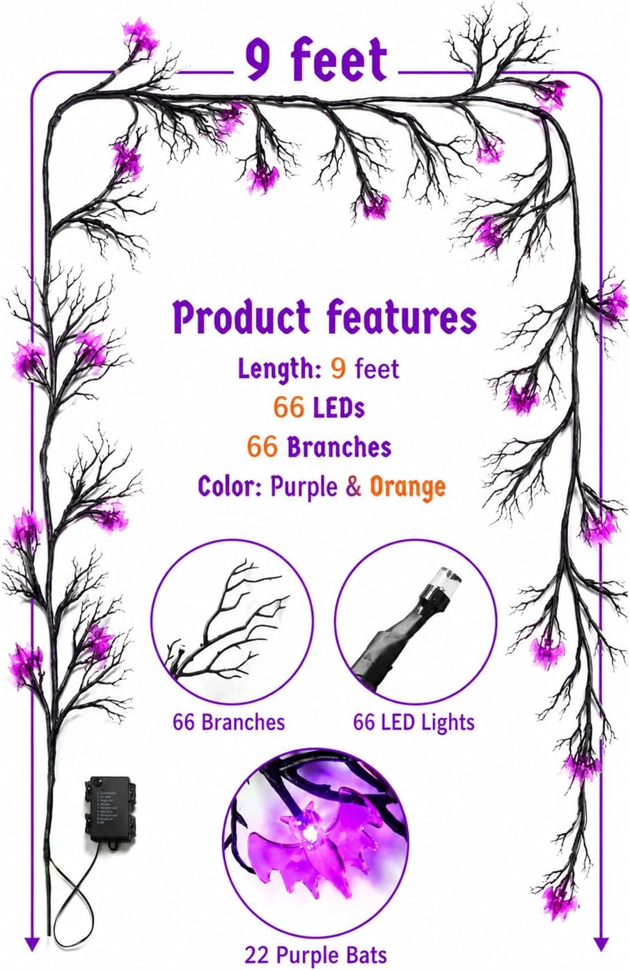 9 FT Halloween Twig Garland Decoration with 66 Purple LED Lights