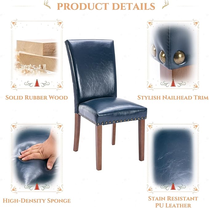 Parsons Dining Chairs Set of 4, Upholstered Nailhead PU Leather Dining Room K...