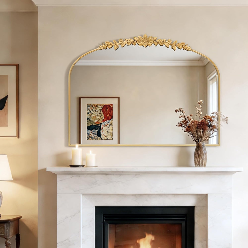 Large Fireplace Gold Mirror: 40"x30" Baroque Antique Arched Mirror