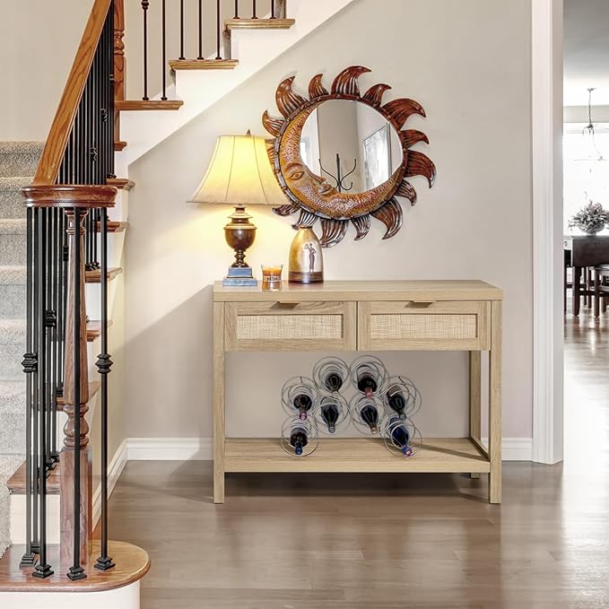 SICOTAS Rattan Console Table for Entryway - Boho Entryway Table with Storage ...