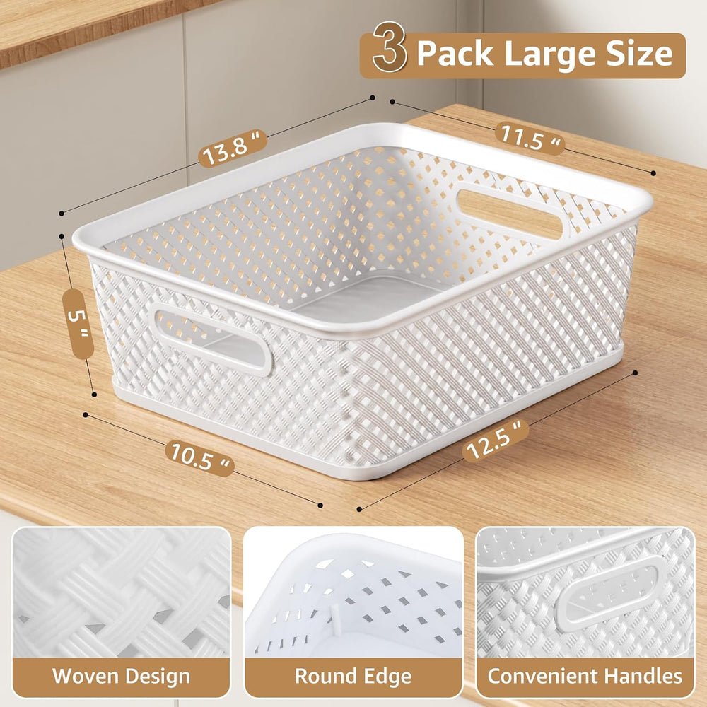 MaxGear 3 Pack Plastic Storage Baskets, Large, White