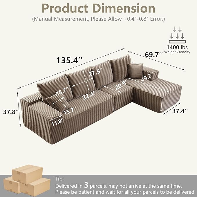 135" Cloud Sectional Couch with L-Shape Chaise, Modern Modular Comfy Sof...