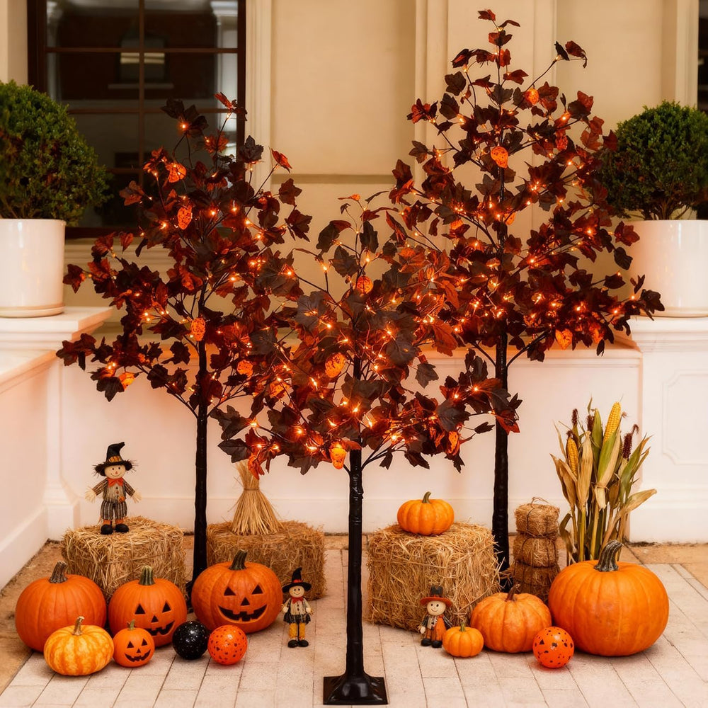 6ft Black Maple Halloween Tree with LED Skull Lights & Spiders