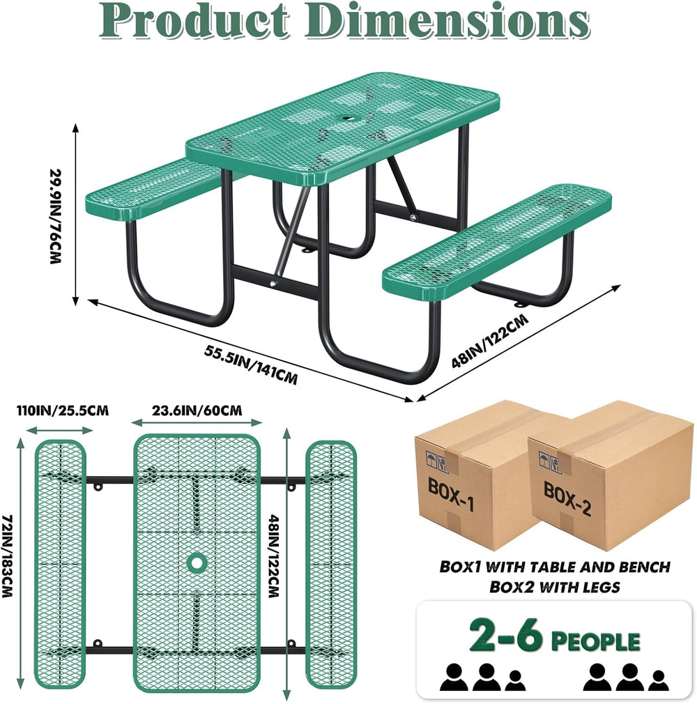 Heavy Duty Picnic Table with Umbrella Hole, Expanded Meta Outdoor Metal Patio...