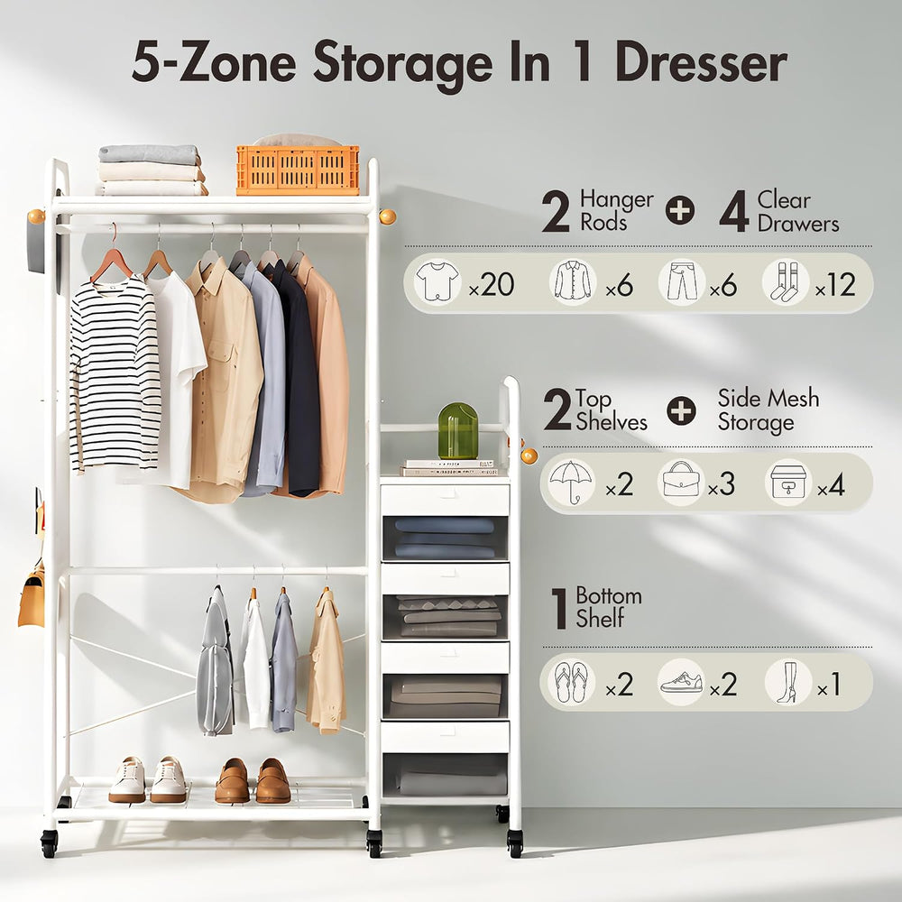 WLIVE Closet Dresser with Hanging Rack, 4 drawer dresser for Bedroom, White