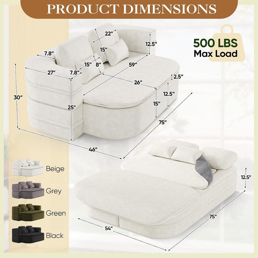 Antetek Convertible Sleeper Sofa, Modern Folding Futon Chenille Floor Foam Co...