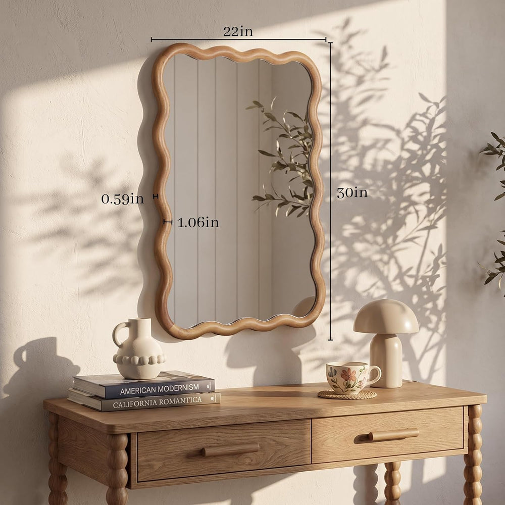 WallBeyond 22"x30" Wavy Wood Mirror, Wood Wall Mount Mirror with De...