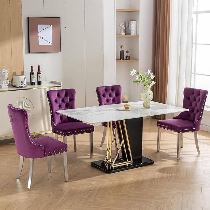 Mid Century Modern Dining Chairs Set of 6, Purple Velvet Upholstered Tufted B...