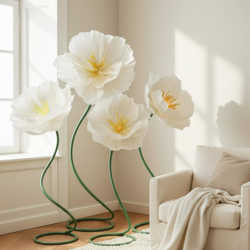 4 Pcs 5ft Large Paper White Poppy Flower Giant Artificial Poppy