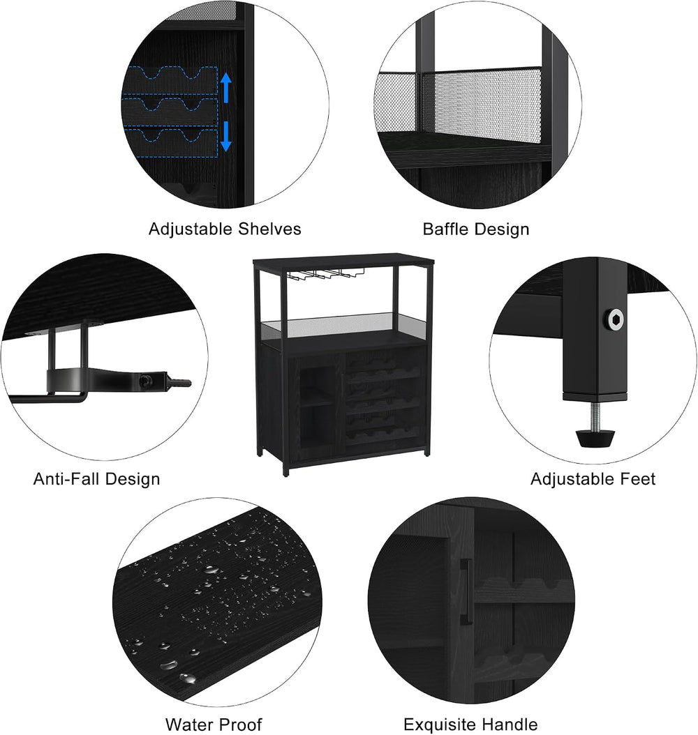 GAOMON Modern 36" Black Wine Bar Cabinet with Mesh Door, Adjustable Glas...